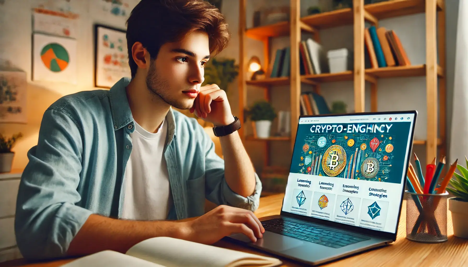 A young student reading the Crypto-Engine.pro Blog on a laptop, learning about cryptocurrency news and strategies in a simple and easy-to-understand format.