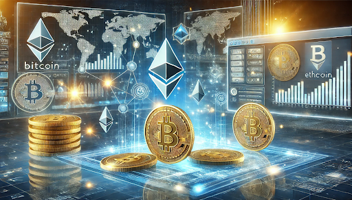 A futuristic digital scene depicting cryptocurrency and blockchain technology, featuring glowing blockchain nodes, floating cryptocurrency coins like Bitcoin and Ethereum, and a sleek platform interface with data graphs. Background elements include quantum computing visuals and a global digital landscape, showcasing innovation and connectivity.