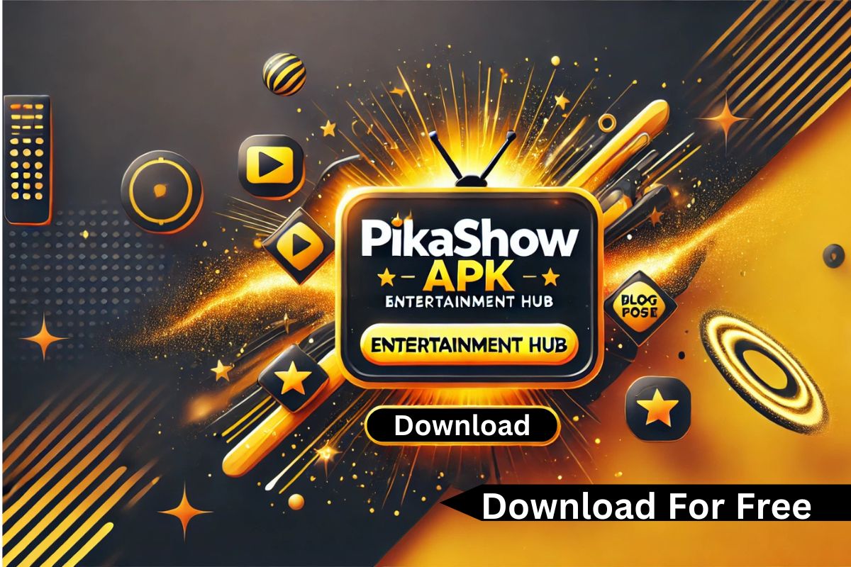 PikaShow APK Download – Free Entertainment Hub for Streaming Movies, TV Shows, and Live Channels. Vibrant digital graphic with TV icon, play button, and stars in black and yellow theme. Text includes 'Download for Free' for easy access to unlimited content via PikaShow app APK.